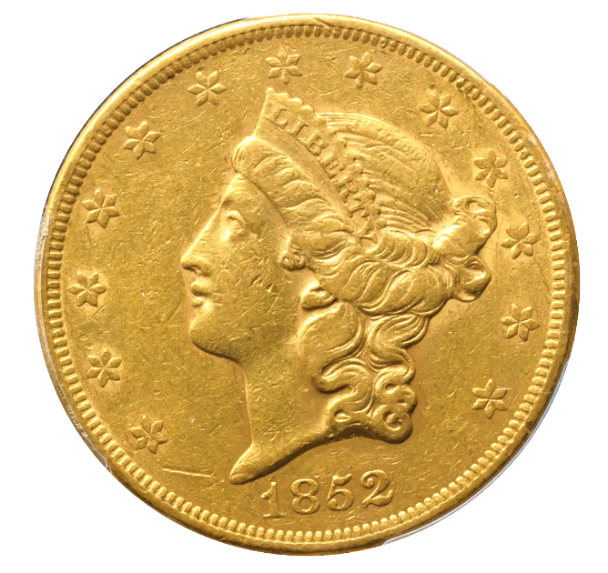 美國女神 $20 金幣 1852 KM74.1 PCGS （AU50）